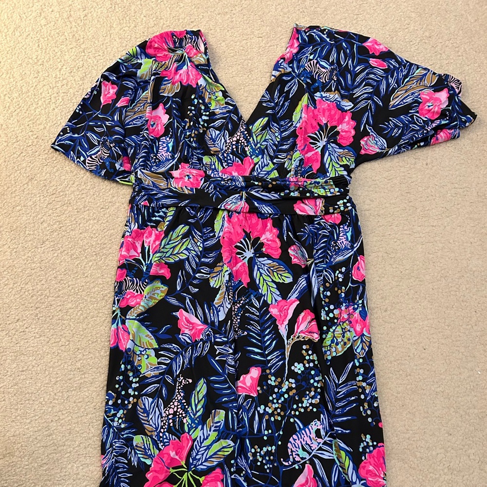 NEW Lilly Pulitzer PARIGI MIDI DRESS ELBOW SLEEVE Onyx Earned Striped Pink XL